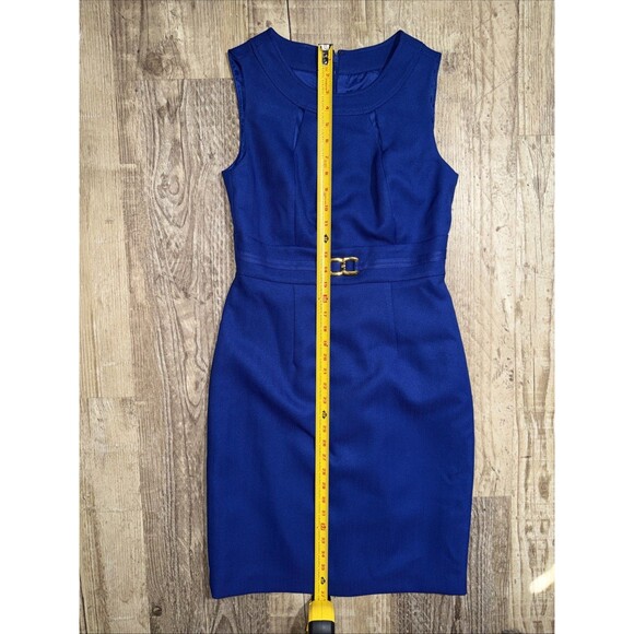 Tahari ASL Dress 4 Cobalt Blue Sleeveless Textured Lined Sheath Gold Details EUC - Picture 4 of 6